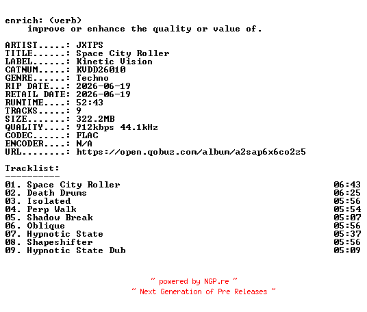 NFO for the release JXTPS-Space_City_Roller-(KVDD26010)-16BIT-WEB-FLAC-2026-ENRiCH by ENRiCH