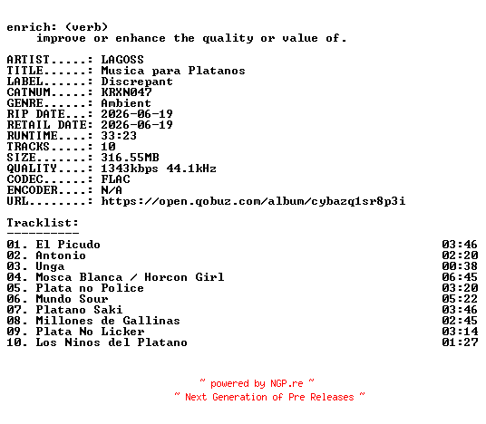 NFO for the release LAGOSS-Musica_para_Platanos-(KRXN047)-24BIT-WEB-FLAC-2026-ENRiCH by ENRiCH