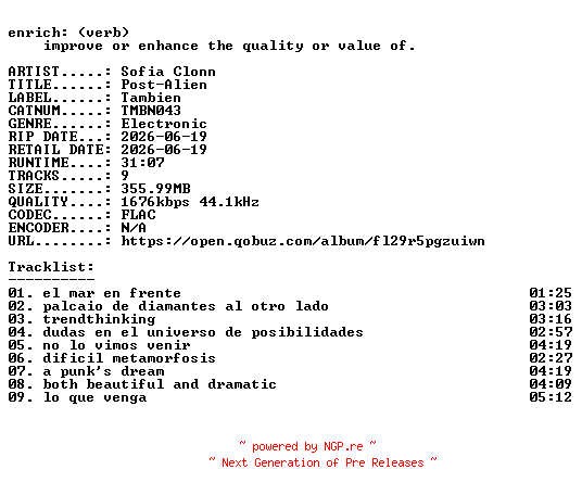 NFO for the release Sofia_Clonn-Post-Alien-(TMBN043)-24BIT-WEB-FLAC-2026-ENRiCH by ENRiCH