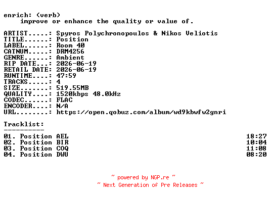 NFO for the release Spyros_Polychronopoulos_and_Nikos_Veliotis-Position-(DRM4256)-24BIT-WEB-FLAC-2026-ENRiCH by ENRiCH