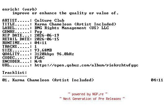 NFO for the release Culture_Club-Karma_Chameleon_(Artist_Included)-SINGLE-24BIT-WEB-FLAC-2026-ENRiCH by ENRiCH