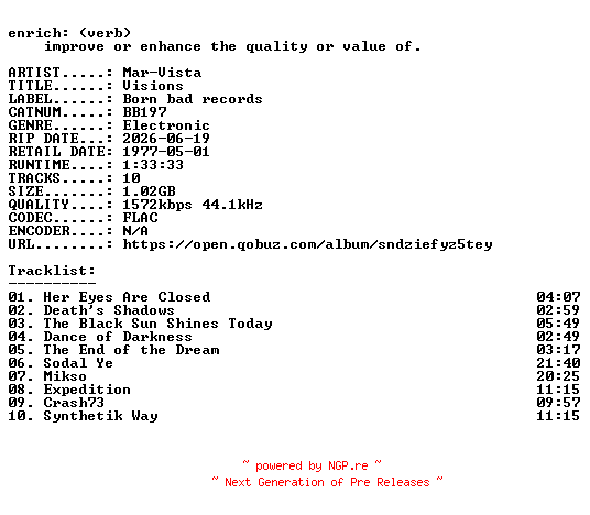 NFO for the release Mar-Vista-Visions-(BB197)-24BIT-WEB-FLAC-1977-ENRiCH by ENRiCH