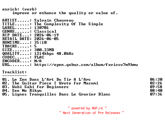NFO for the release Sylvain_Chauveau-The_Complexity_Of_The_Simple-24BIT-WEB-FLAC-2026-ENRiCH by ENRiCH
