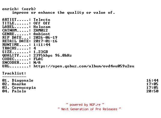 NFO for the release Telectu-Off_Off-(ZAM012)-24BIT-WEB-FLAC-2017-ENRiCH by ENRiCH