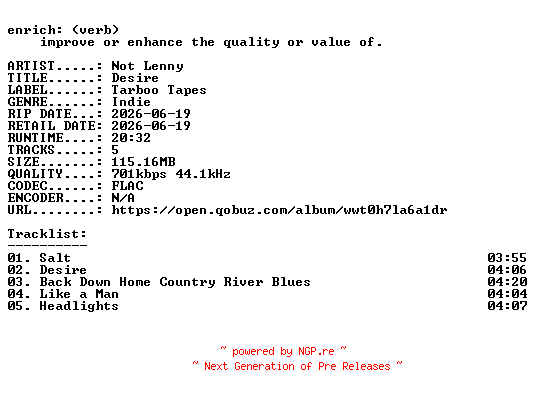 NFO for the release Not_Lenny-Desire-EP-16BIT-WEB-FLAC-2026-ENRiCH by ENRiCH