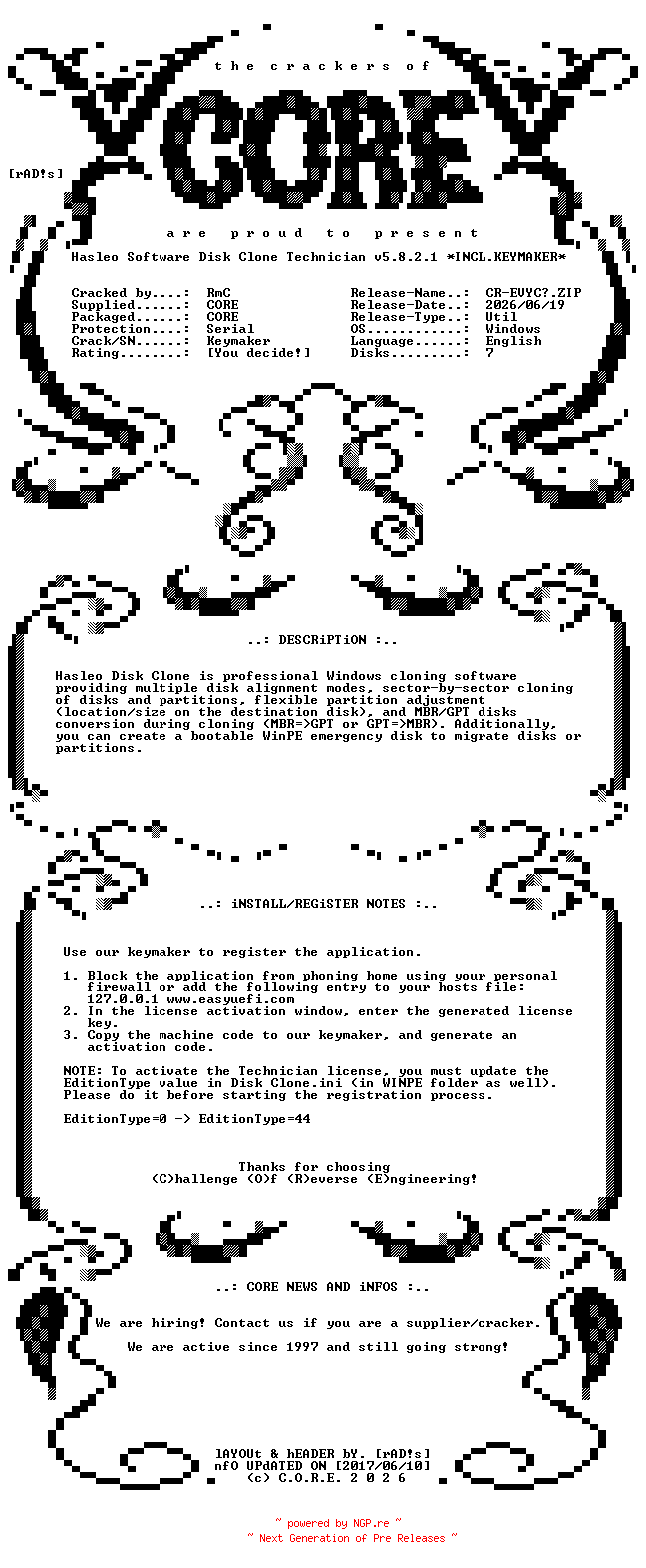 NFO for the release Hasleo.Software.Disk.Clone.Technician.v5.8.2.1.Incl.Keymaker-CORE by CORE
