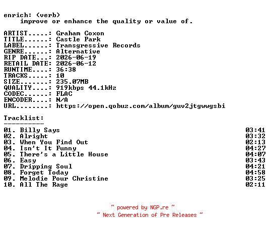 NFO for the release Graham_Coxon-Castle_Park-16BIT-WEB-FLAC-2026-ENRiCH by ENRiCH