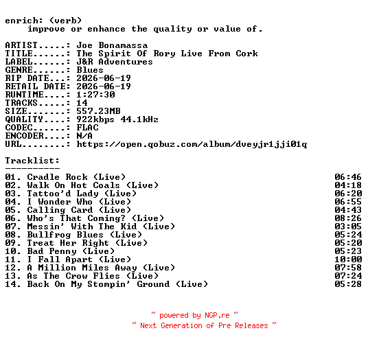 NFO for the release Joe_Bonamassa-The_Spirit_Of_Rory_Live_From_Cork-16BIT-WEB-FLAC-2026-ENRiCH by ENRiCH