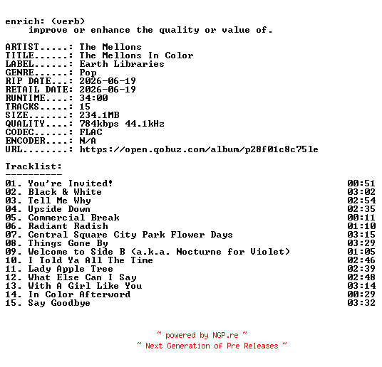 NFO for the release The_Mellons-The_Mellons_In_Color-16BIT-WEB-FLAC-2026-ENRiCH by ENRiCH