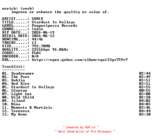 NFO for the release SUMIE-Stardust_In_Valleys-24BIT-WEB-FLAC-2026-ENRiCH by ENRiCH