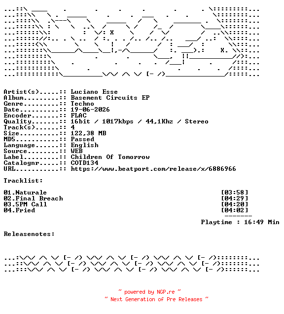 NFO for the release Luciano_Esse-Basement_Circuits_EP-COTD134-16BIT-WEB-FLAC-2026-WAVED by WAVED