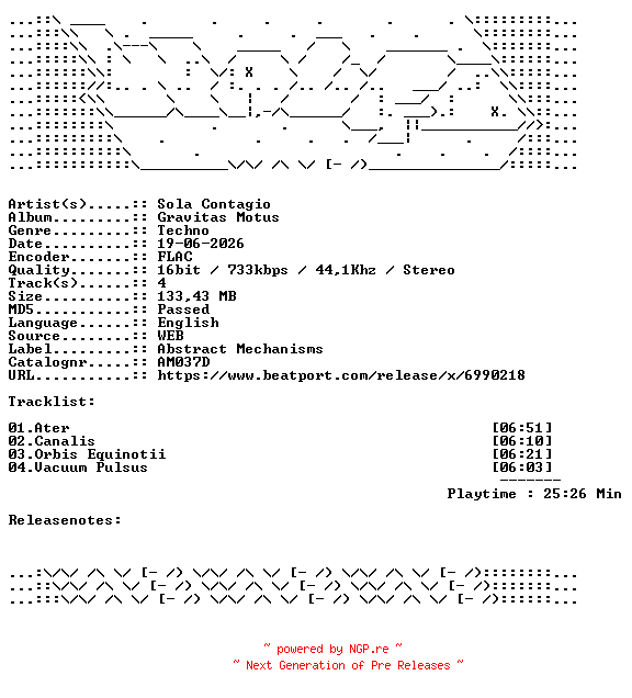 NFO for the release Sola_Contagio-Gravitas_Motus-AM037D-16BIT-WEB-FLAC-2026-WAVED by WAVED