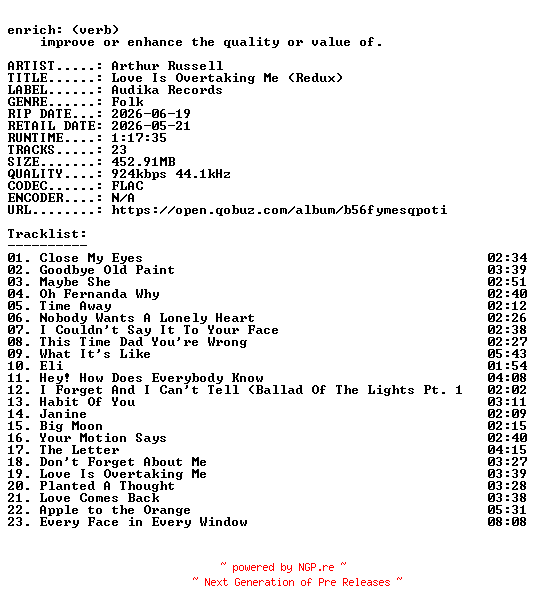 NFO for the release Arthur_Russell-Love_Is_Overtaking_Me_(Redux)-16BIT-WEB-FLAC-2026-ENRiCH by ENRiCH