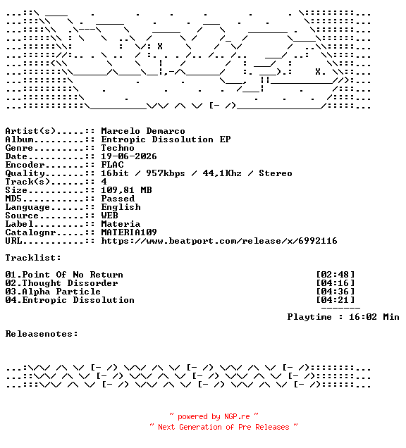 NFO for the release Marcelo_Demarco-Entropic_Dissolution_EP-MATERIA109-16BIT-WEB-FLAC-2026-WAVED by WAVED