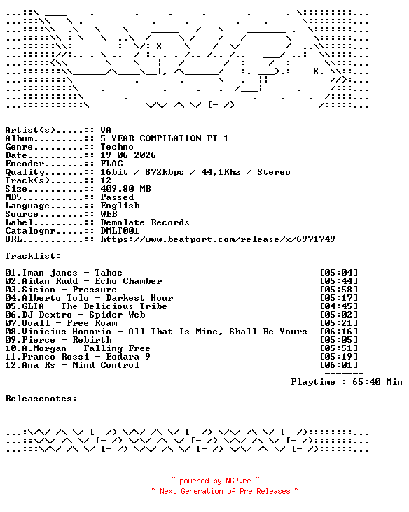 NFO for the release VA-5-YEAR_COMPILATION_PT_1-DMLT001-16BIT-WEB-FLAC-2026-WAVED by WAVED
