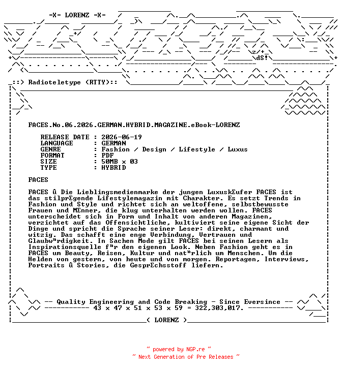 NFO for the release FACES.No.06.2026.GERMAN.HYBRID.MAGAZINE.eBook-LORENZ by LORENZ