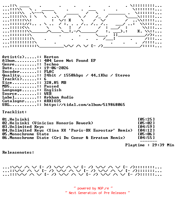 NFO for the release Herton-404_Love_Not_Found_EP-ARKIO35-24BIT-WEB-FLAC-2026-WAVED by WAVED