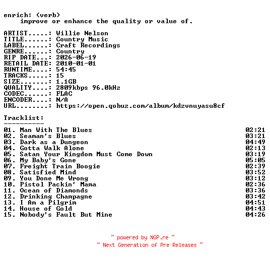 NFO for the release Willie_Nelson-Country_Music-24BIT-WEB-FLAC-2010-ENRiCH by ENRiCH