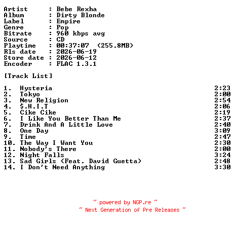 NFO for the release Bebe_Rexha-Dirty_Blonde-CD-FLAC-2026-PERFECT by PERFECT