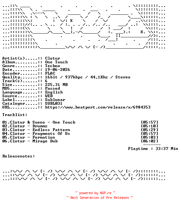 NFO for the release Clotur-One_Touch-SUBL031-16BIT-WEB-FLAC-2026-WAVED by WAVED