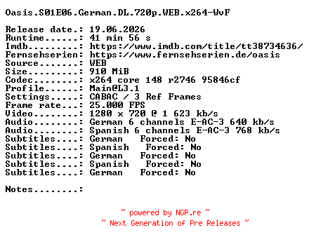 NFO for the release Oasis.S01E06.German.DL.720p.WEB.x264-WvF by WvF