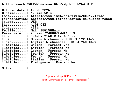 NFO for the release Dutton.Ranch.S01E07.German.DL.720p.WEB.h264-WvF by WvF