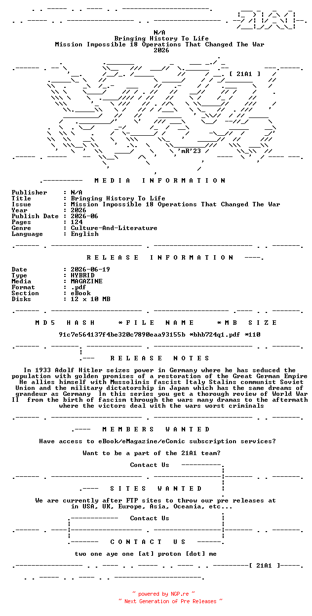 NFO for the release Bringing.History.To.Life.Mission.Impossible.18.Operations.That.Changed.The.War.2026.HYBRID.MAGAZINE.eBook-21A1 by 21A1