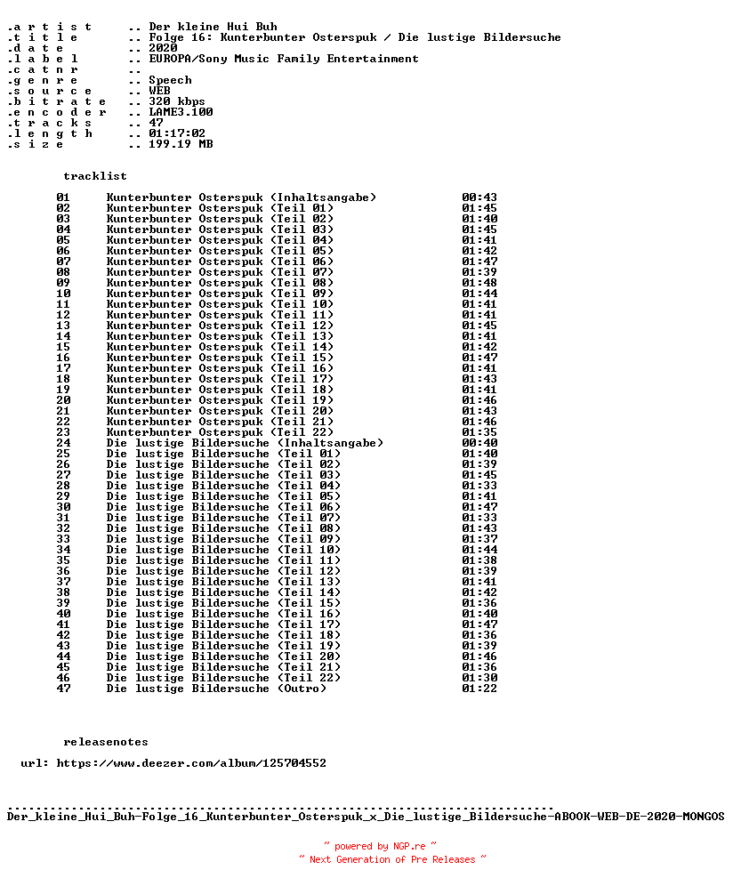 NFO for the release Der_kleine_Hui_Buh-Folge_16_Kunterbunter_Osterspuk_x_Die_lustige_Bildersuche-ABOOK-WEB-DE-2020-MONGOS by MONGOS