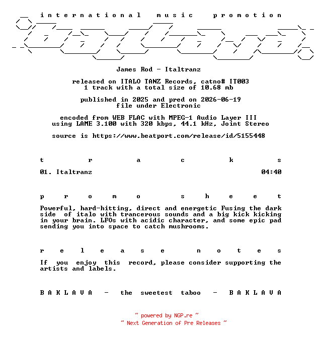 NFO for the release James_Rod-Italtranz-(IT003)-SINGLE-WEB-2025-BAKLAVA by BAKLAVA