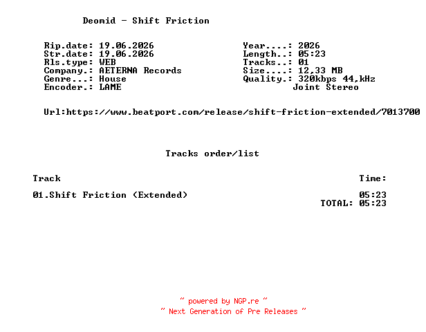 NFO for the release Deomid_-_Shift_Friction_(Extended)-SINGLE-WEB-2026-FMC by FMC