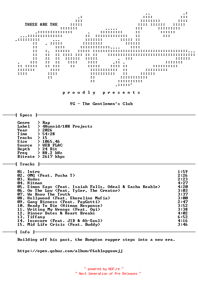 NFO for the release YG-The_Gentlemens_Club-24BIT-88KHZ-WEB-FLAC-2026-TiMES by TiMES