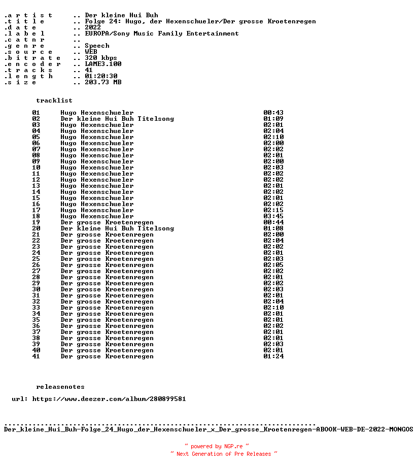 NFO for the release Der_kleine_Hui_Buh-Folge_24_Hugo_der_Hexenschueler_x_Der_grosse_Kroetenregen-ABOOK-WEB-DE-2022-MONGOS by MONGOS