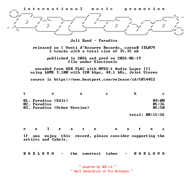 NFO for the release Joli_Band-Paradiso-(IDL079)-WEB-2026-BAKLAVA by BAKLAVA