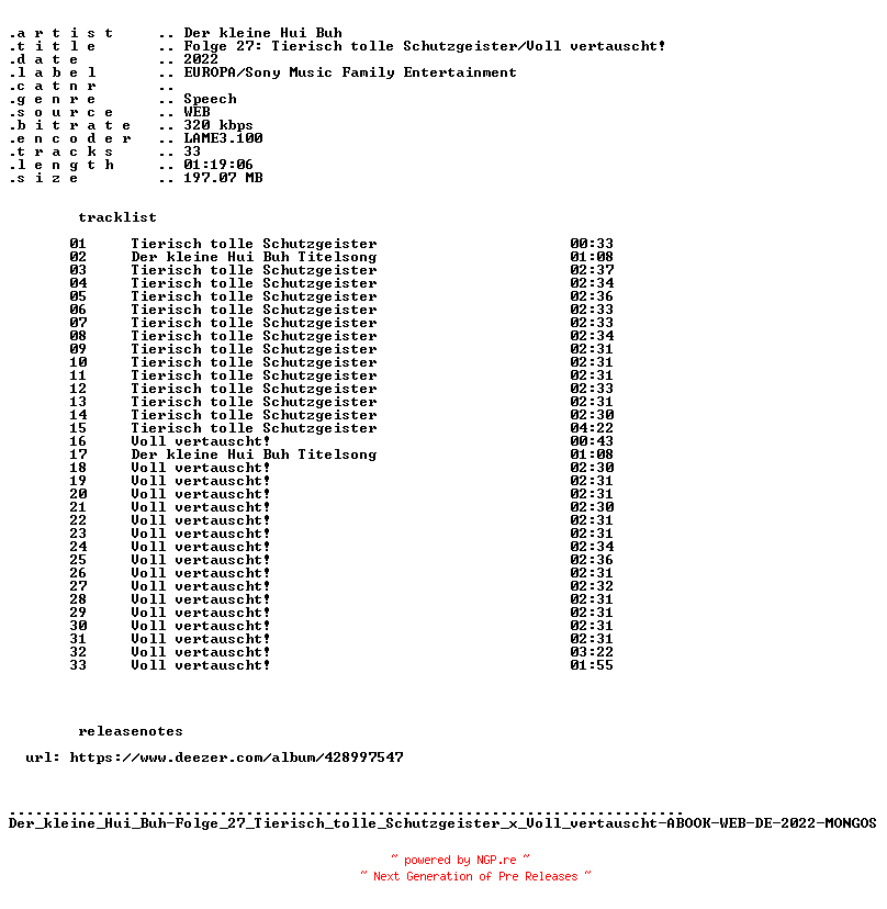 NFO for the release Der_kleine_Hui_Buh-Folge_27_Tierisch_tolle_Schutzgeister_x_Voll_vertauscht-ABOOK-WEB-DE-2022-MONGOS by MONGOS