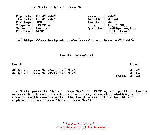 NFO for the release Six_Mists_-_Do_You_Hear_Me-(ISP061)-WEB-2026-FMC by FMC