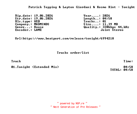 NFO for the release Patrick_Topping_And_Layton_Giordani_And_Kosmo_Kint_-_Tonight-(MADM012)-SINGLE-WEB-2026-FMC by FMC