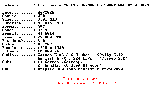 NFO for the release The.Rookie.S08E16.GERMAN.DL.1080P.WEB.H264-WAYNE by WAYNE