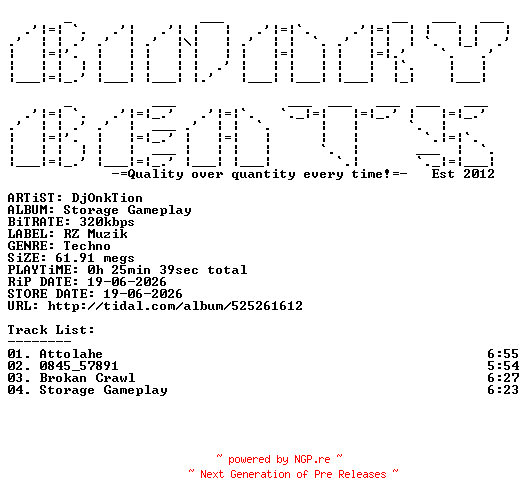 NFO for the release DjonkTion-Storage_Gameplay-(RZ52)-WEB-2026-BB by BB