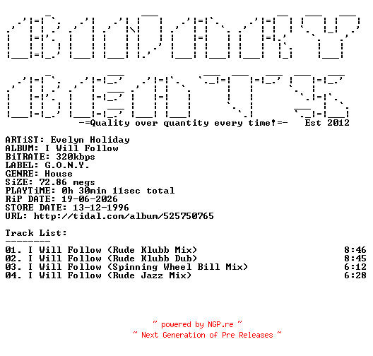 NFO for the release Evelyn_Holiday-I_Will_Follow-(GONY64)-WEB-1996-BB by BB