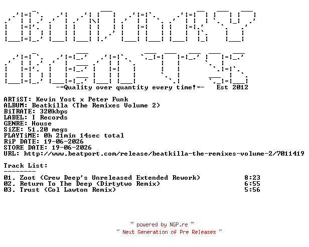 NFO for the release Kevin_Yost_x_Peter_Funk-Beatkilla_(The_Remixes_Volume_2)-(IRECEPIREC1363D3TRSPDBP)-WEB-2026-BB by BB