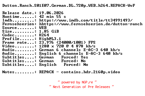 NFO for the release Dutton.Ranch.S01E07.German.DL.720p.WEB.h264.REPACK-WvF by WvF