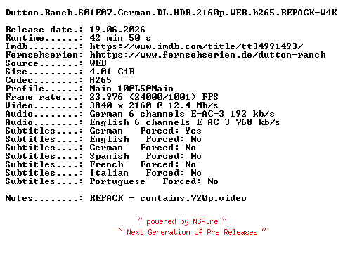 NFO for the release Dutton.Ranch.S01E07.German.DL.HDR.2160p.WEB.h265.REPACK-W4K by W4K