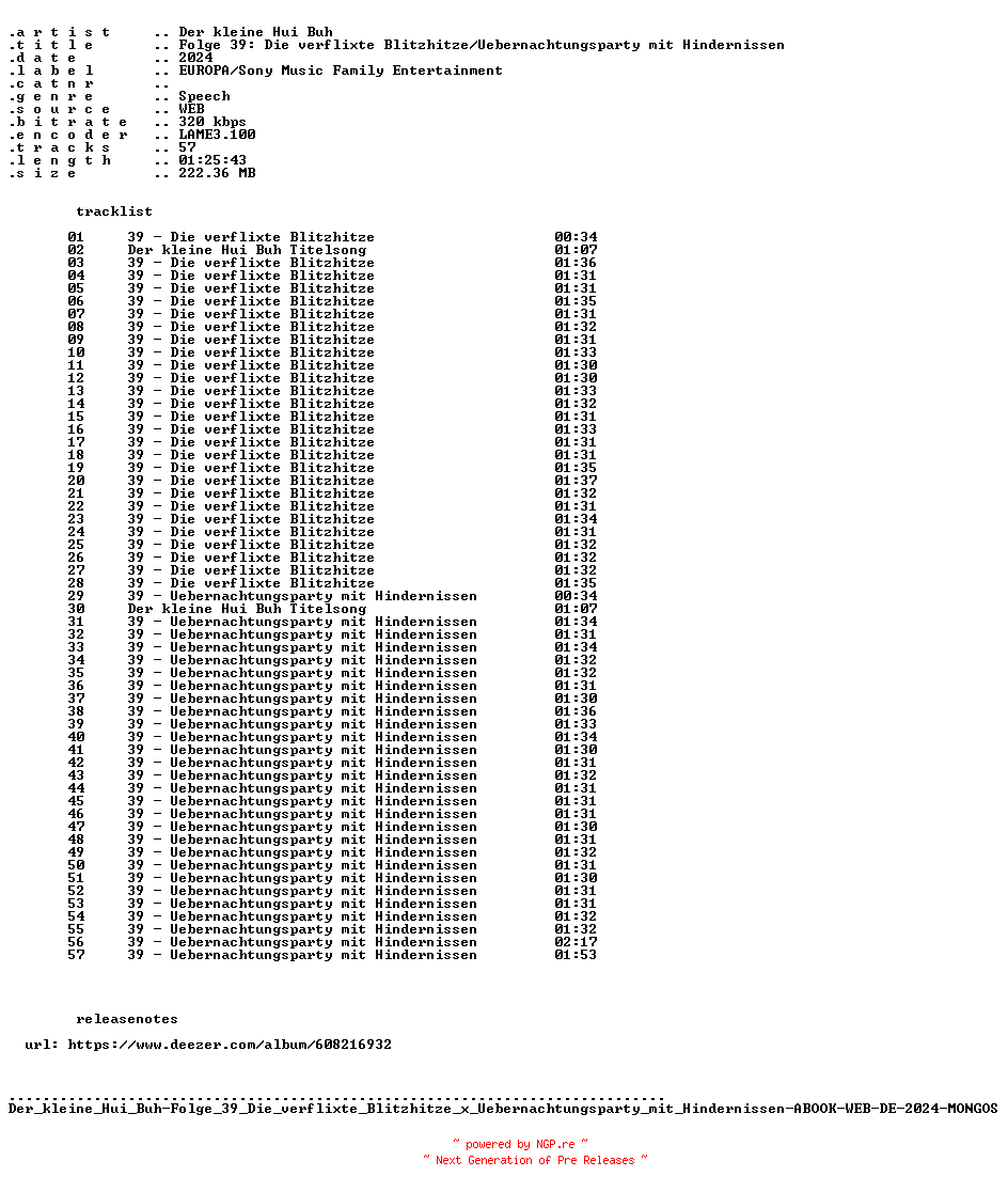 NFO for the release Der_kleine_Hui_Buh-Folge_39_Die_verflixte_Blitzhitze_x_Uebernachtungsparty_mit_Hindernissen-ABOOK-WEB-DE-2024-MONGOS by MONGOS