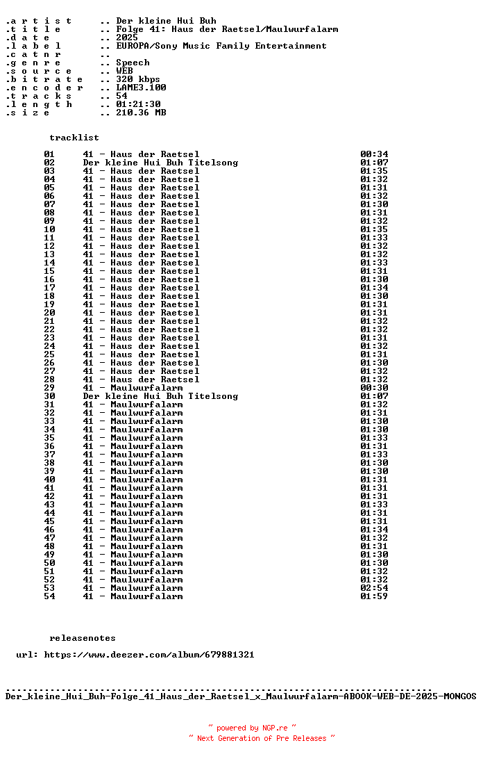 NFO for the release Der_kleine_Hui_Buh-Folge_41_Haus_der_Raetsel_x_Maulwurfalarm-ABOOK-WEB-DE-2025-MONGOS by MONGOS