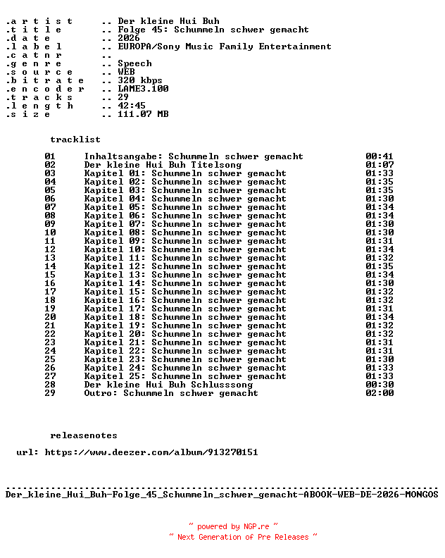 NFO for the release Der_kleine_Hui_Buh-Folge_45_Schummeln_schwer_gemacht-ABOOK-WEB-DE-2026-MONGOS by MONGOS