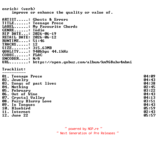 NFO for the release Ghosts_and_Errors-Teenage_Prose-16BIT-WEB-FLAC-2026-ENRiCH by ENRiCH