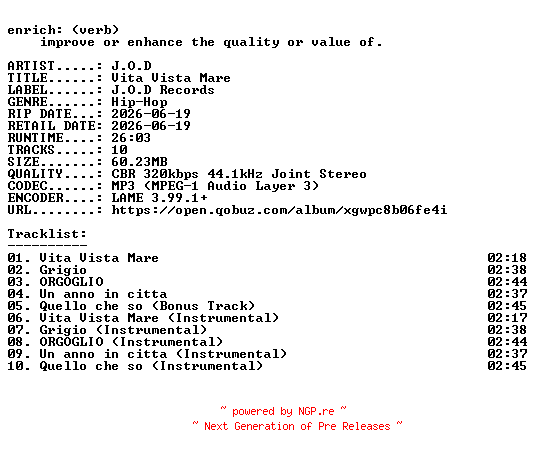 NFO for the release J.O.D-Vita_Vista_Mare-EP-WEB-IT-2026-ENRiCH by ENRiCH