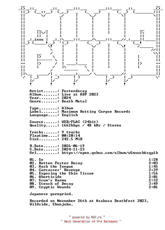NFO for the release Festerdecay-Live_at_ADF_2023-24BIT-WEB-FLAC-2024-MOONBLOOD by MOONBLOOD