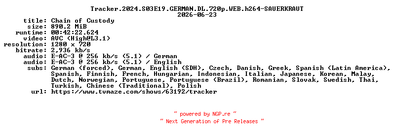 NFO for the release Tracker.2024.S03E19.GERMAN.DL.720p.WEB.h264-SAUERKRAUT by SAUERKRAUT