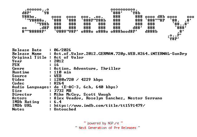 NFO for the release Act.of.Valor.2012.GERMAN.720p.WEB.H264.iNTERNAL-SunDry by SunDry